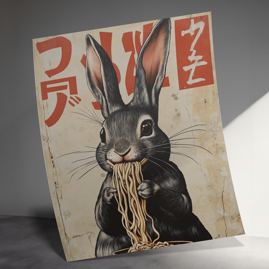 Cute Rabbit Eating Noodles Retro Japanese Kitchen Bunny Wall Decor Poster - Image 3