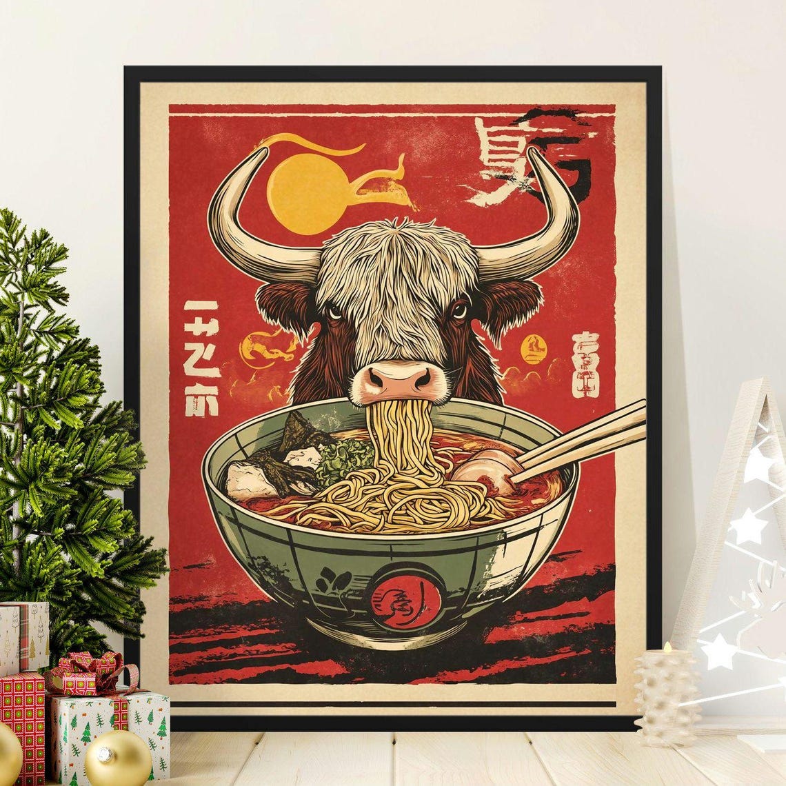 Longhorn Bull Eating Ramen Retro Japanese Noodle Bowl Poster