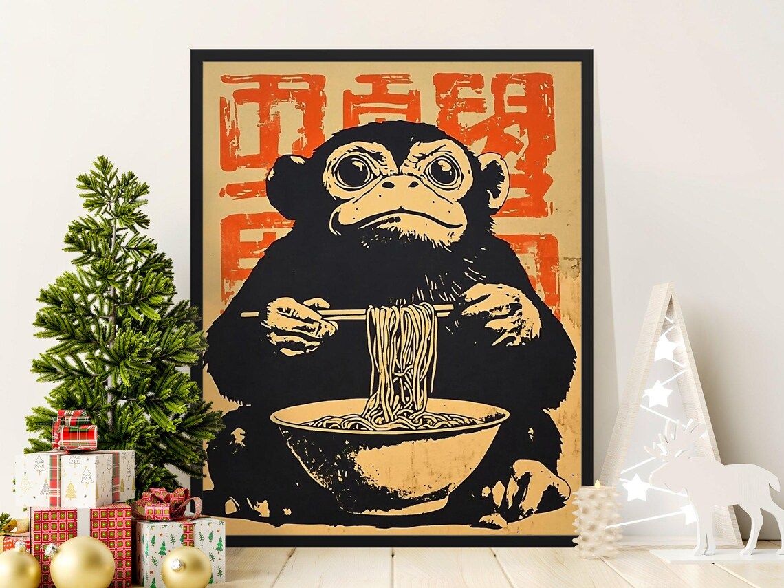 Monkey Lifting Ramen Noodles Japanese Style Cute Kitchen Wall Art Poster