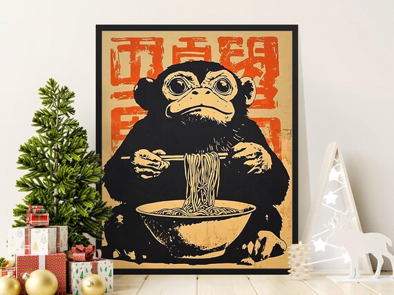Monkey Lifting Ramen Noodles Japanese Style Cute Kitchen Wall Art Poster