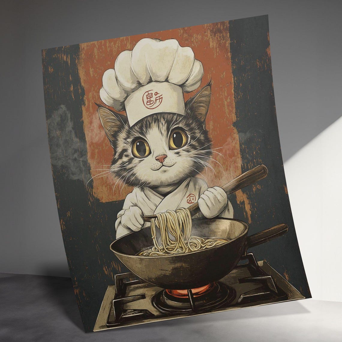 Cat Chef Cooking Noodles Wok Cute Retro Japanese Kitchen Art Poster - Image 3