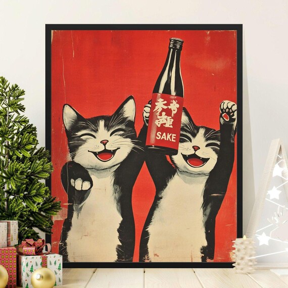 Funny Happy Cats Sake Bottle Cheering Vintage Japanese Poster