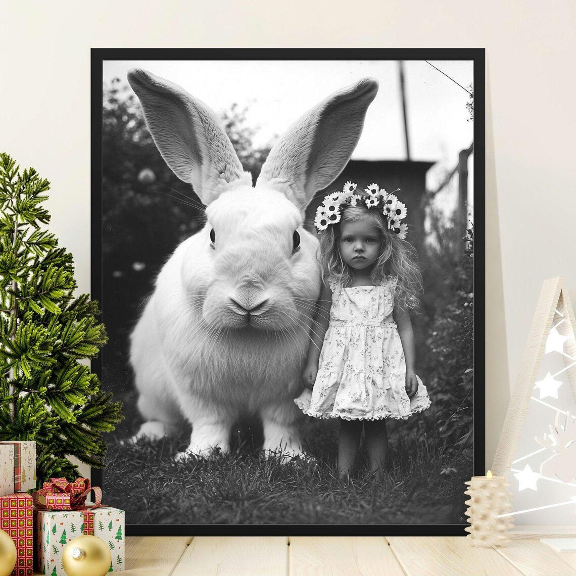 Giant White Rabbit With Little Girl Surreal Vintage Black And White Wall Art