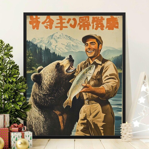 Smiling Fisherman With Bear And Catch Vintage Mountain Lake Travel Poster