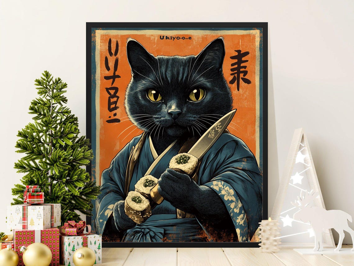 Black Cat Sushi Master Holding Knife In Kimono Ukiyoe Art Poster