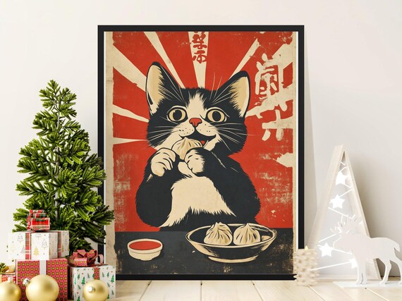 Tuxedo Kitten Eating Dumpling Rising Sun Burst Vintage Japanese Art Poster