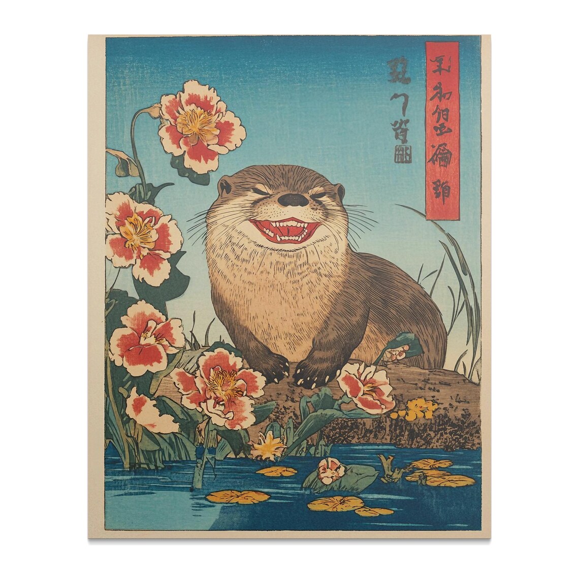 Smiling Otter Pond Lilies Peonies Japanese Woodblock Style Wall Art Poster - Image 2