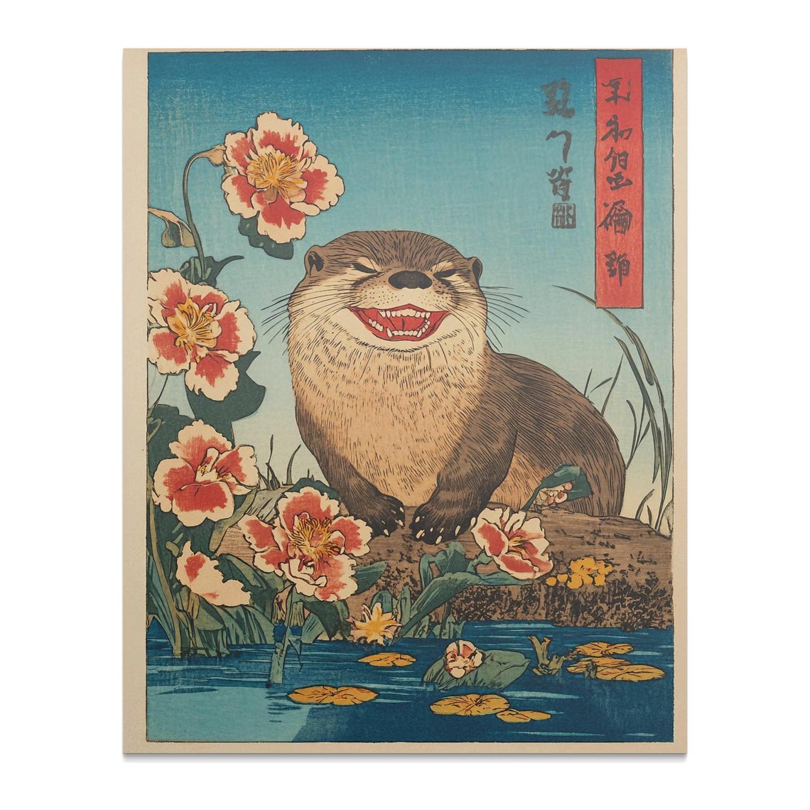 Vintage Japanese Otter Print Otter Art Print Cute Otter Poster Floral Art Animal Wall Art Japanese Animal Poster - Image 2
