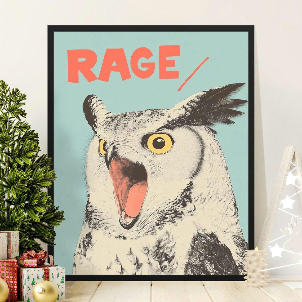 Screaming Owl RAGE Text Funny Retro Bird Style Wildlife Wall Art