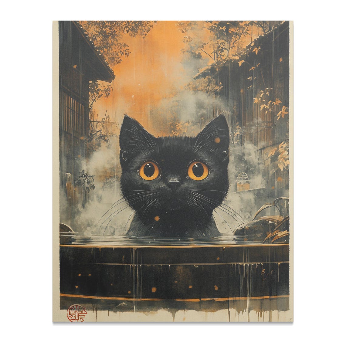 Black Cat In Hot Spring Steam Japanese Autumn Bath Animal Poster - Image 2