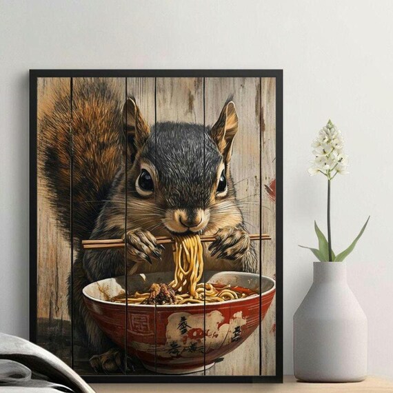 Realistic Squirrel Eating Noodles Rustic Wooden Farmhouse Kitchen Poster