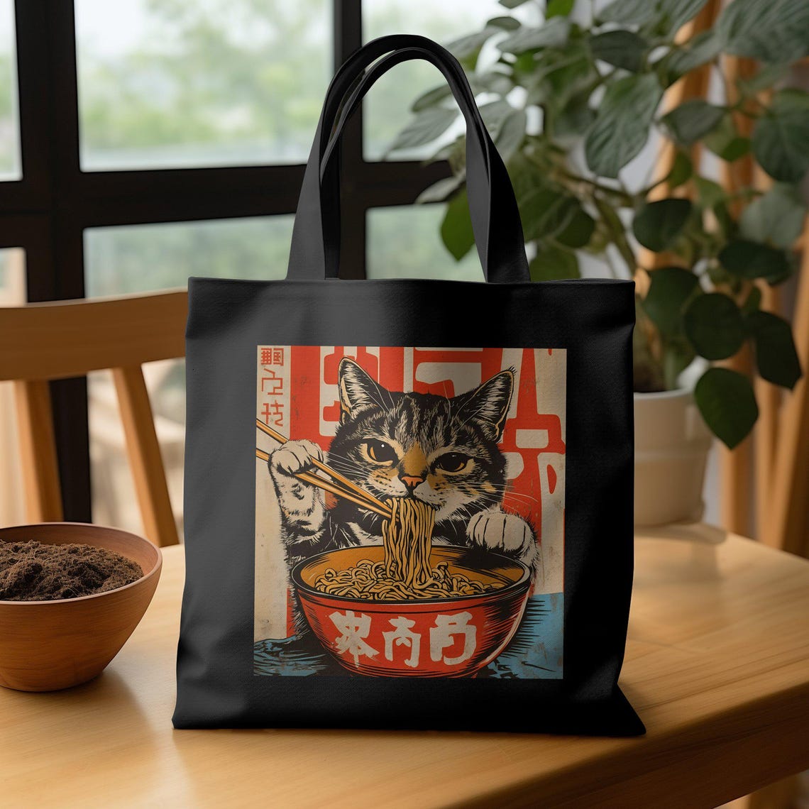 Black Tote Bag Cute Cat Eating Noodles Japanese Retro Ramen Art Print - Image 3