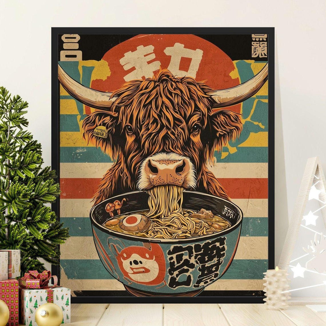 Highland Cow Eating Ramen Japanese Retro Style Funny Wall Art