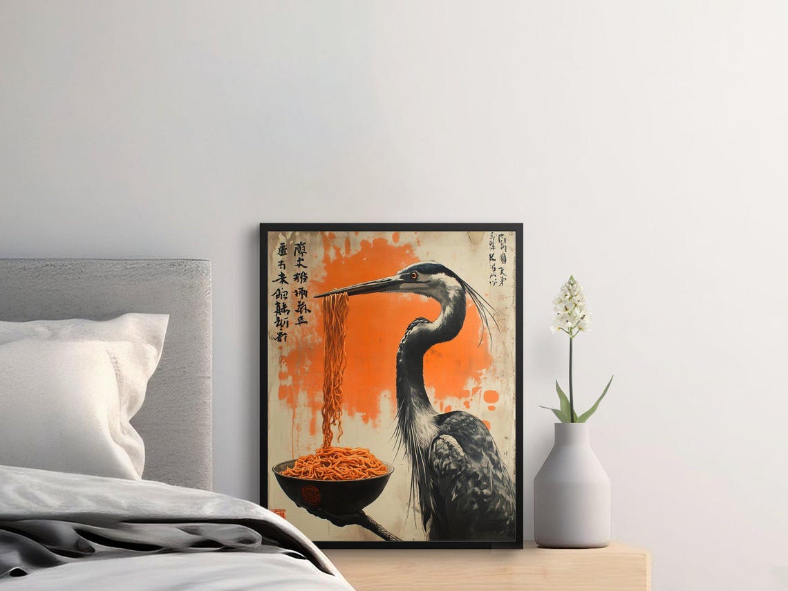 Heron Eating Ramen Beak Japanese Style Bird Kitchen Wall Art Poster - Image 2
