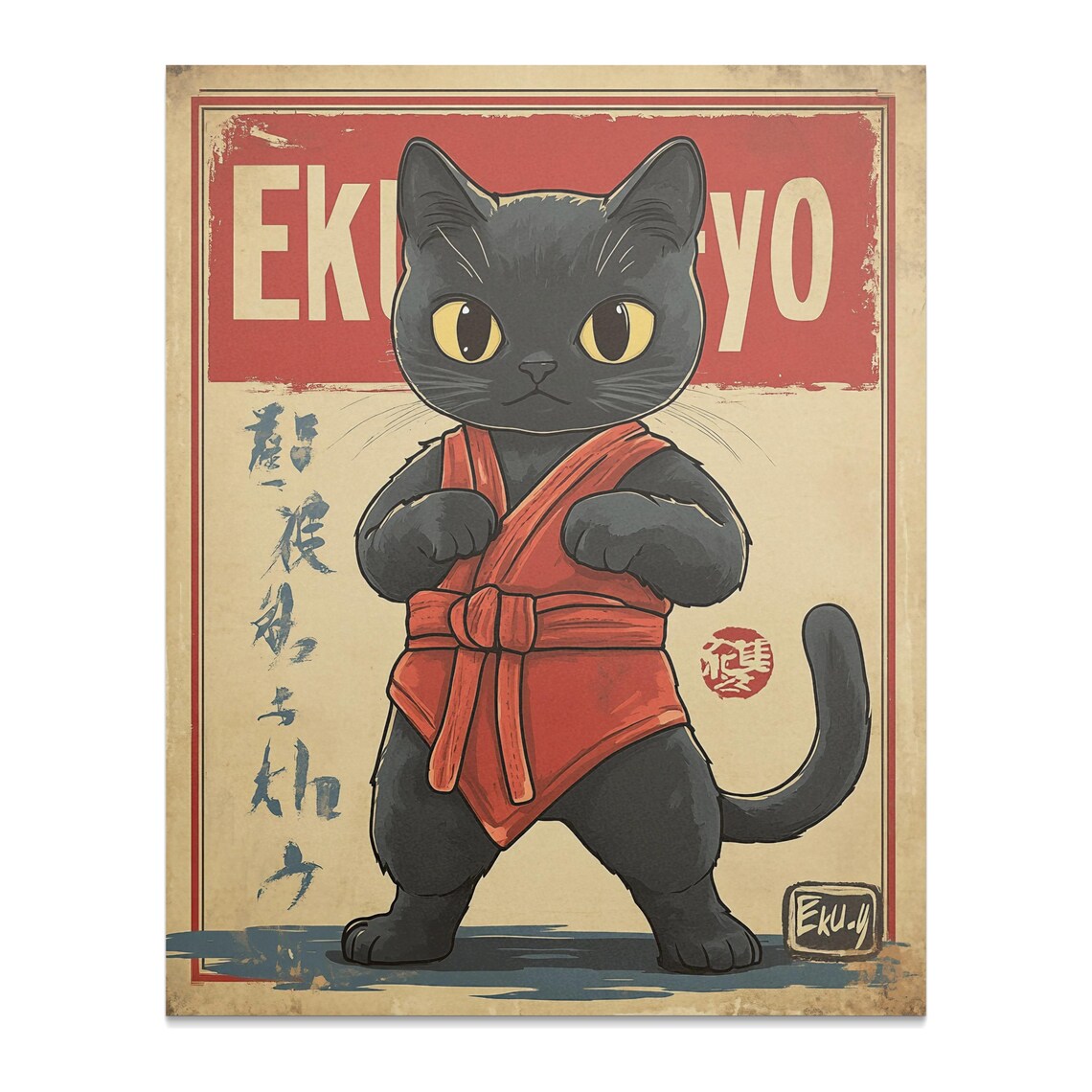 Karate Kitten in Red Gi Fighting Stance Vintage Japanese Martial Poster - Image 2