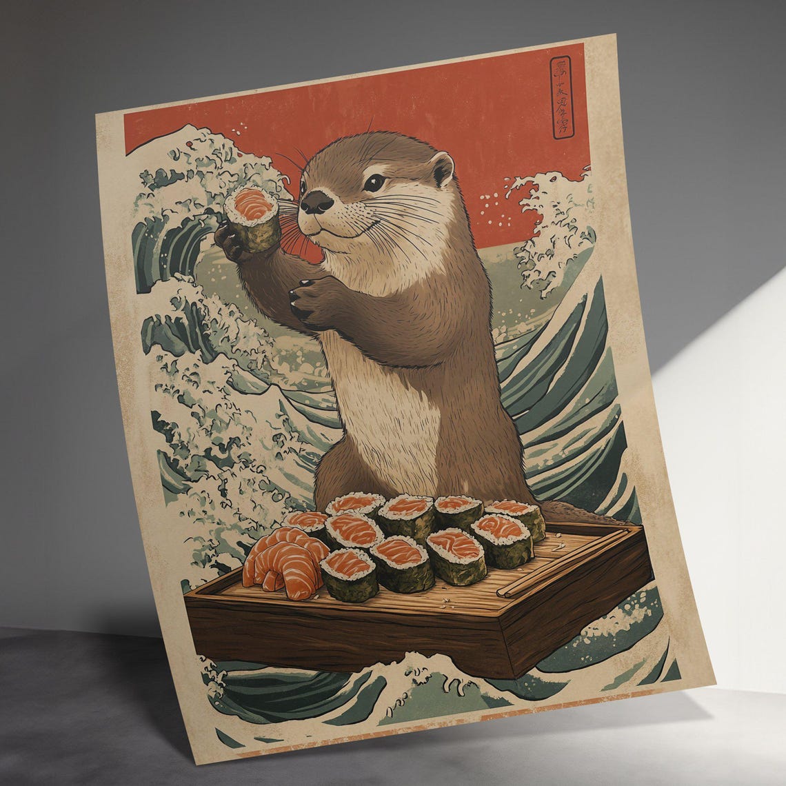 Cute Otter Holding Sushi Great Wave Kawaii Japanese Kitchen Wall Art - Image 3