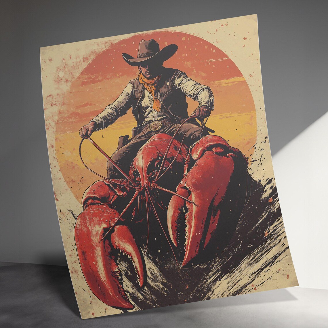 Cowboy Riding Giant Lobster Surreal Western Sunset Adventure Poster - Image 3