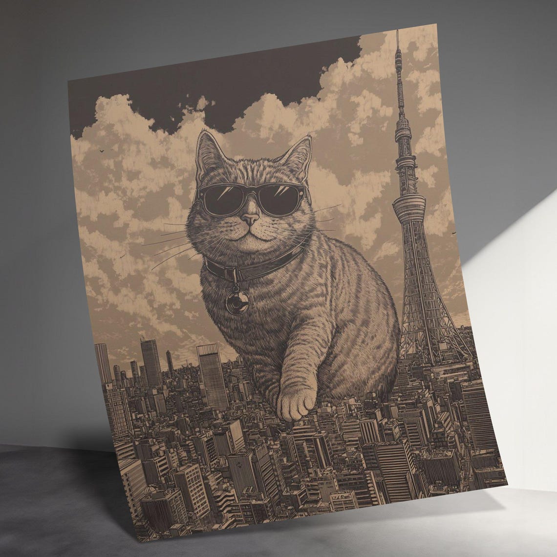 Giant Cat In Sunglasses Over Tokyo City Skyline Funny Art Poster - Image 3