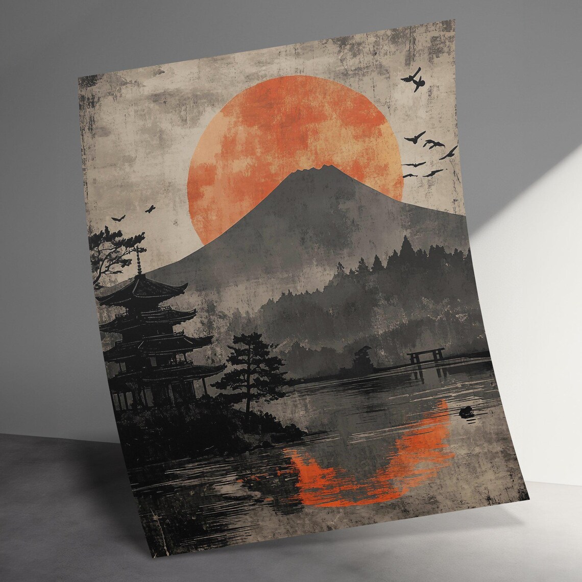 Mount Fuji Pagoda Lake Sunset Vintage Japanese Ink Travel Poster - Image 3