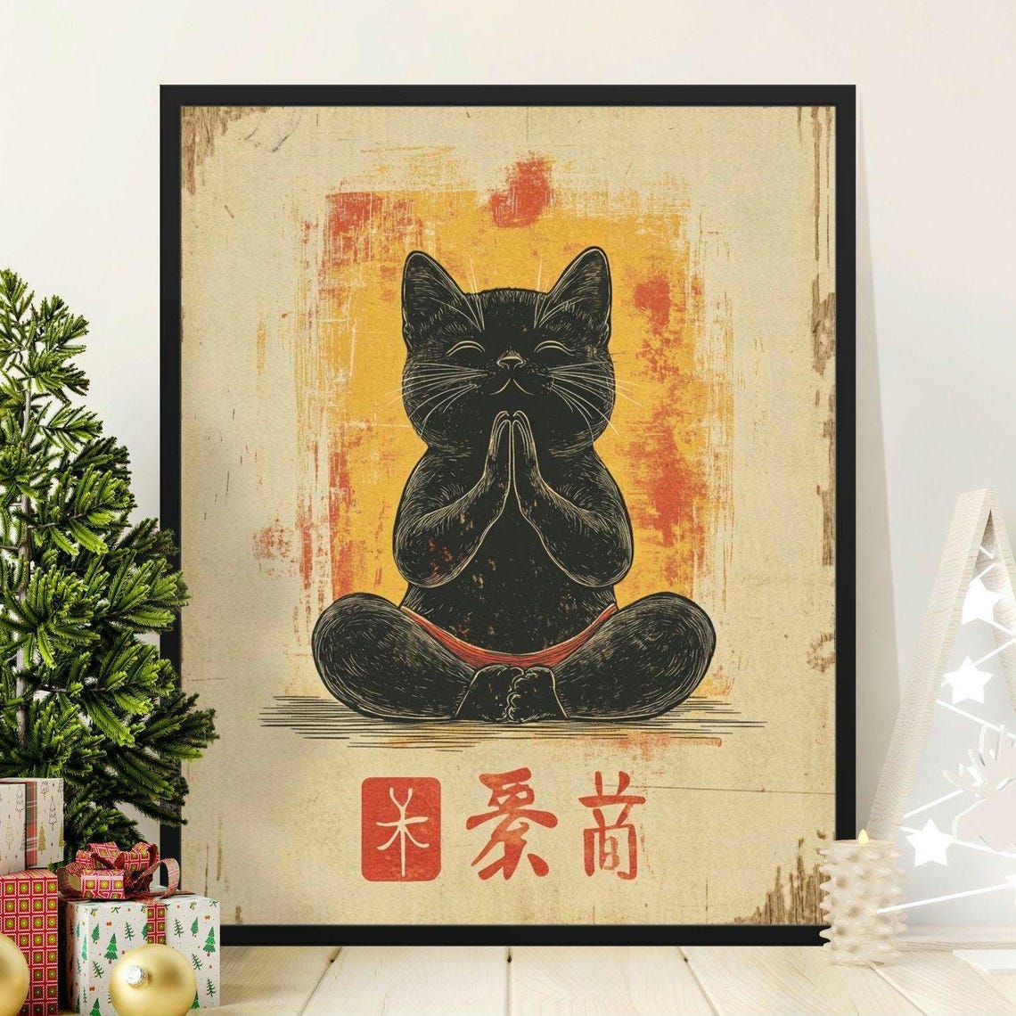 Meditating Black Cat Prayer Pose Zen Calm Vintage Japanese Yoga Poster