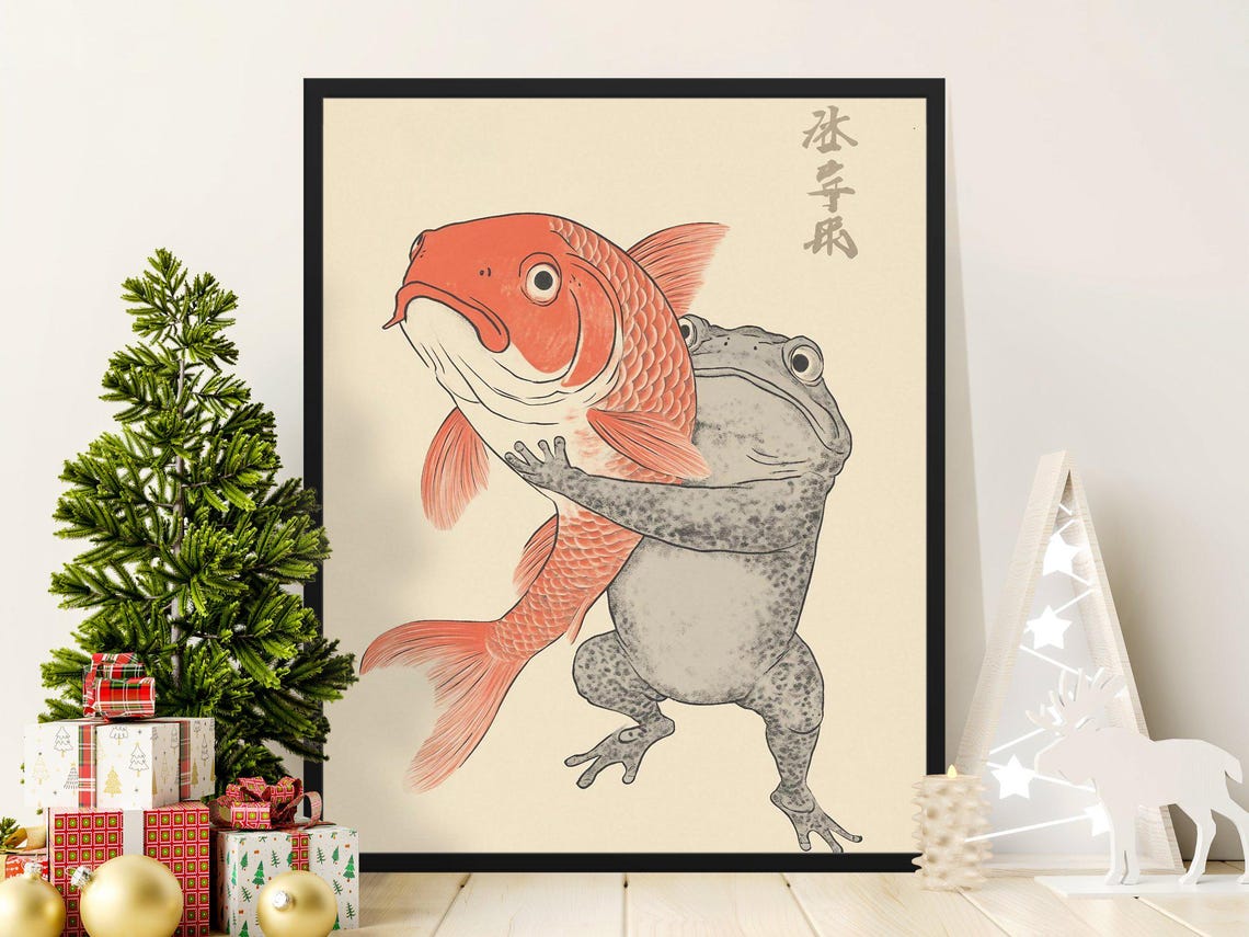 Whimsical Ukiyoe Frog Holding Giant Red Carp Japanese Art Poster