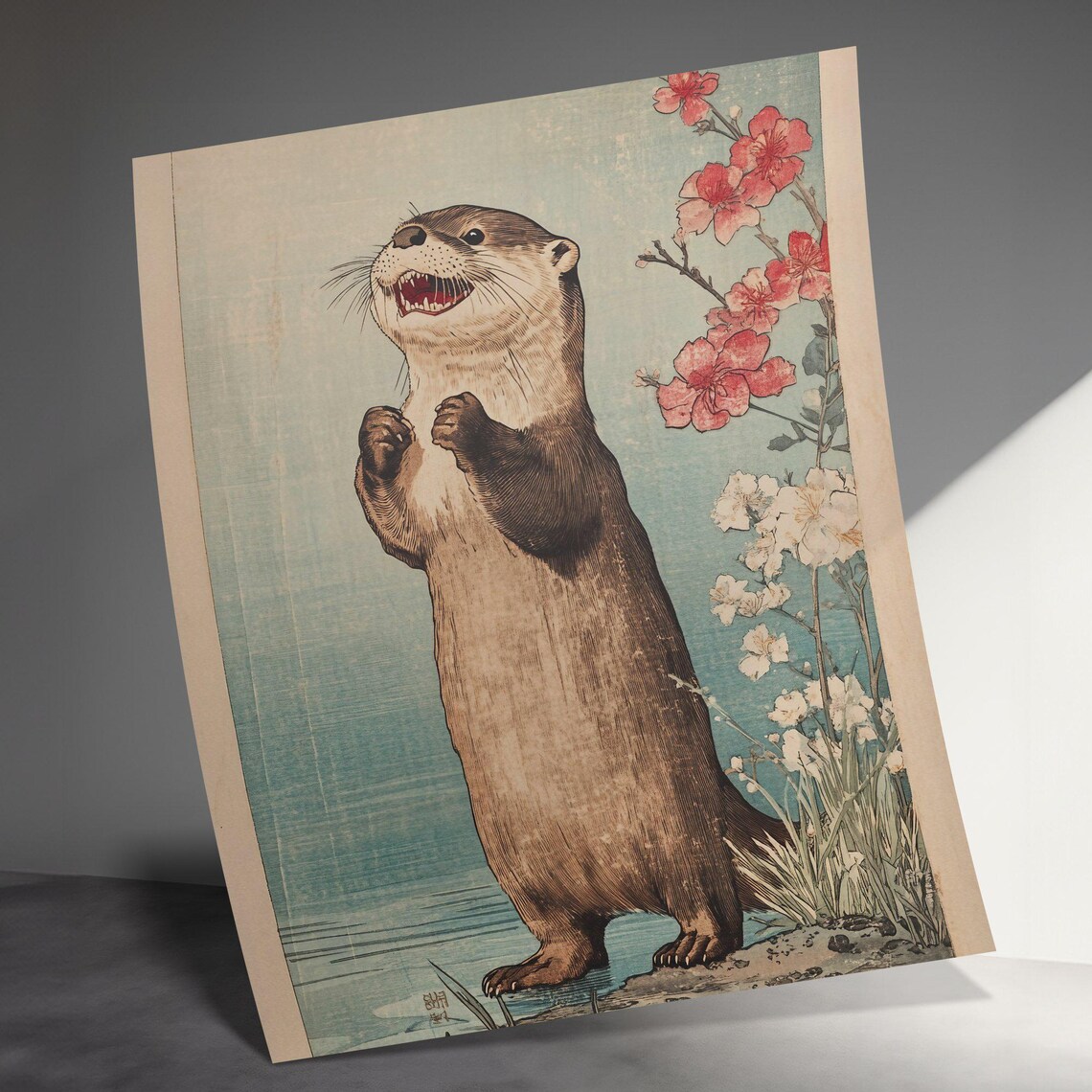 Japanese Otter Standing Cherry Blossoms Vintage Asian Wildlife Art Poster - Image 3
