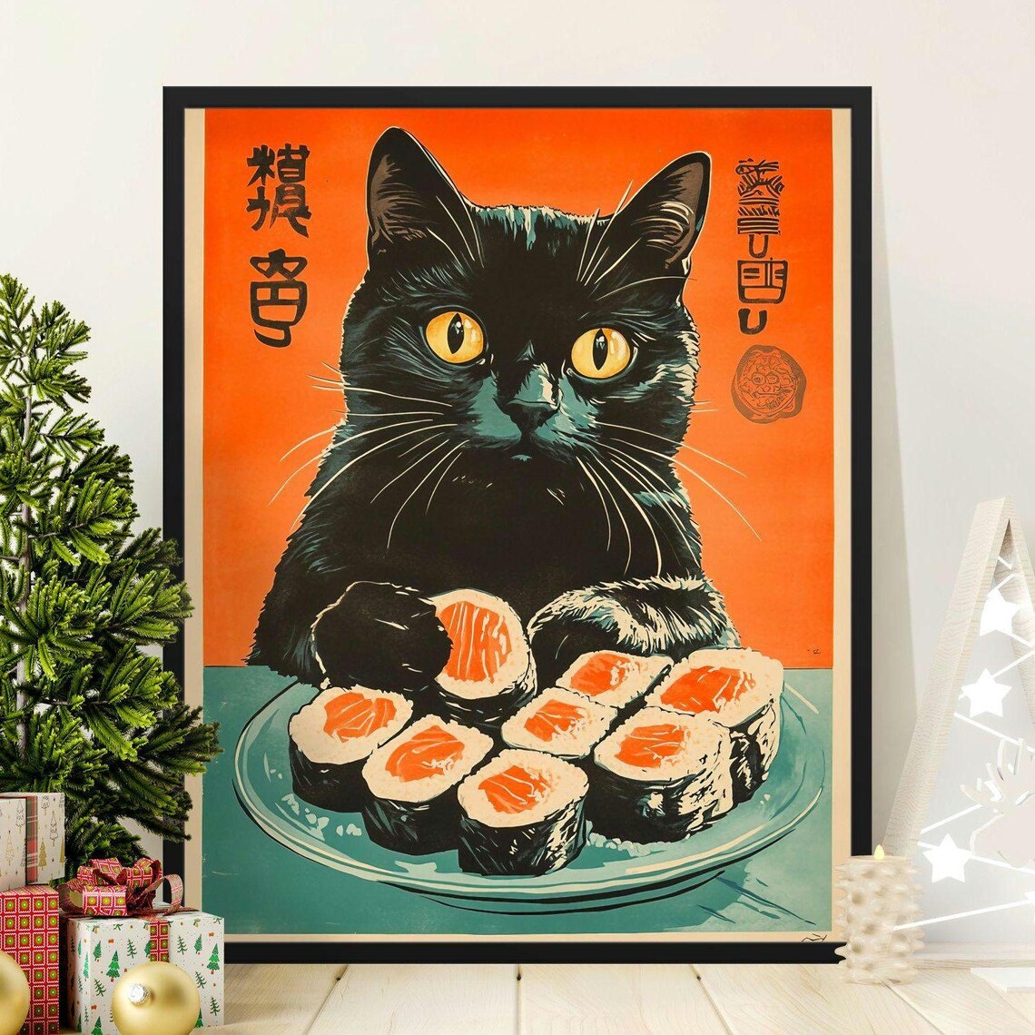 Black Cat With Salmon Sushi Rolls Retro Japanese Cuisine Kitchen Art Poster