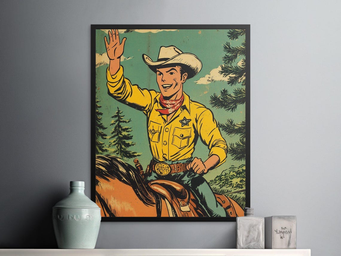 Retro Comic Cowboy Sheriff On Horseback Vintage Western Poster - Image 2