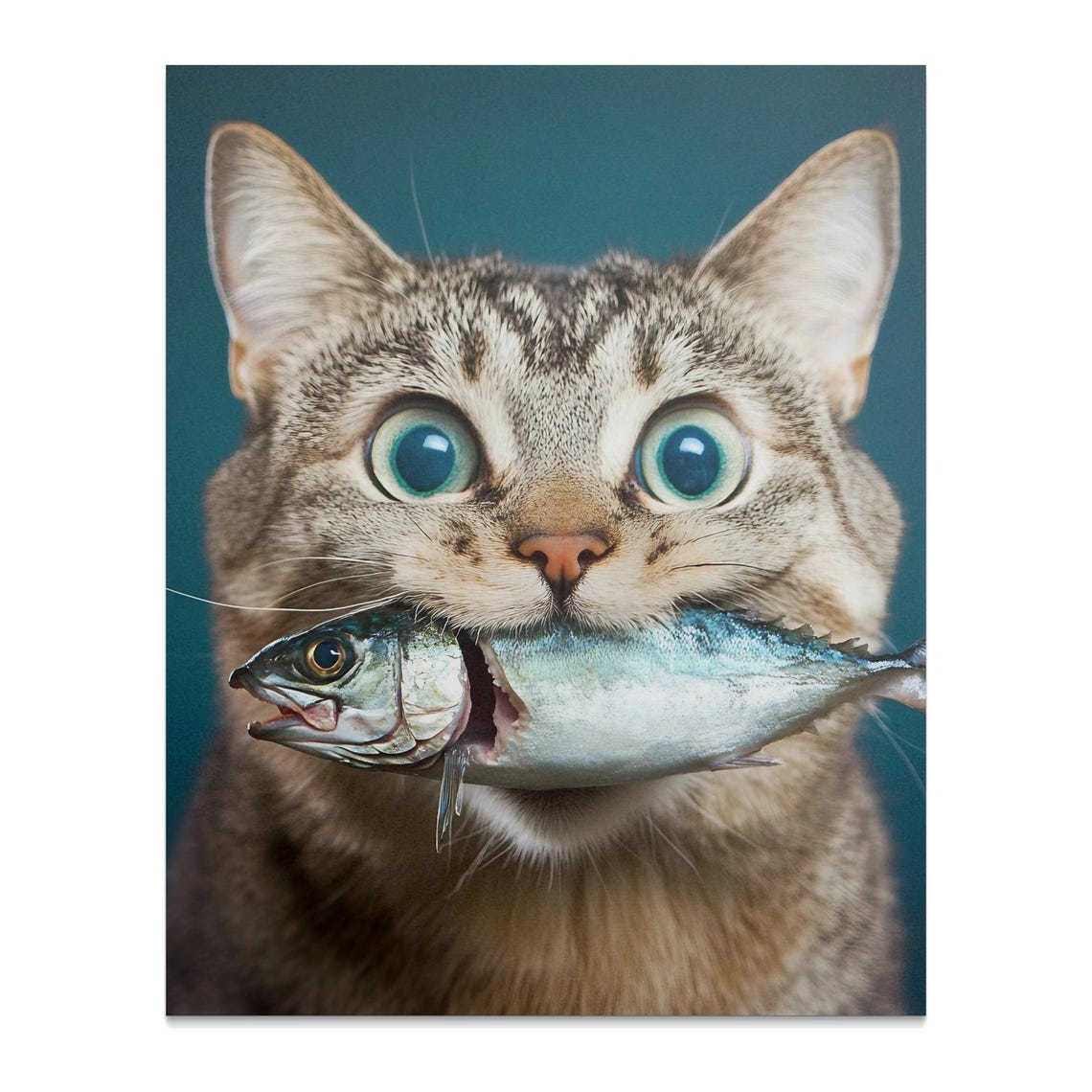 Tabby Cat Holding Fish In Mouth Photorealistic Close Up Cat Poster - Image 2