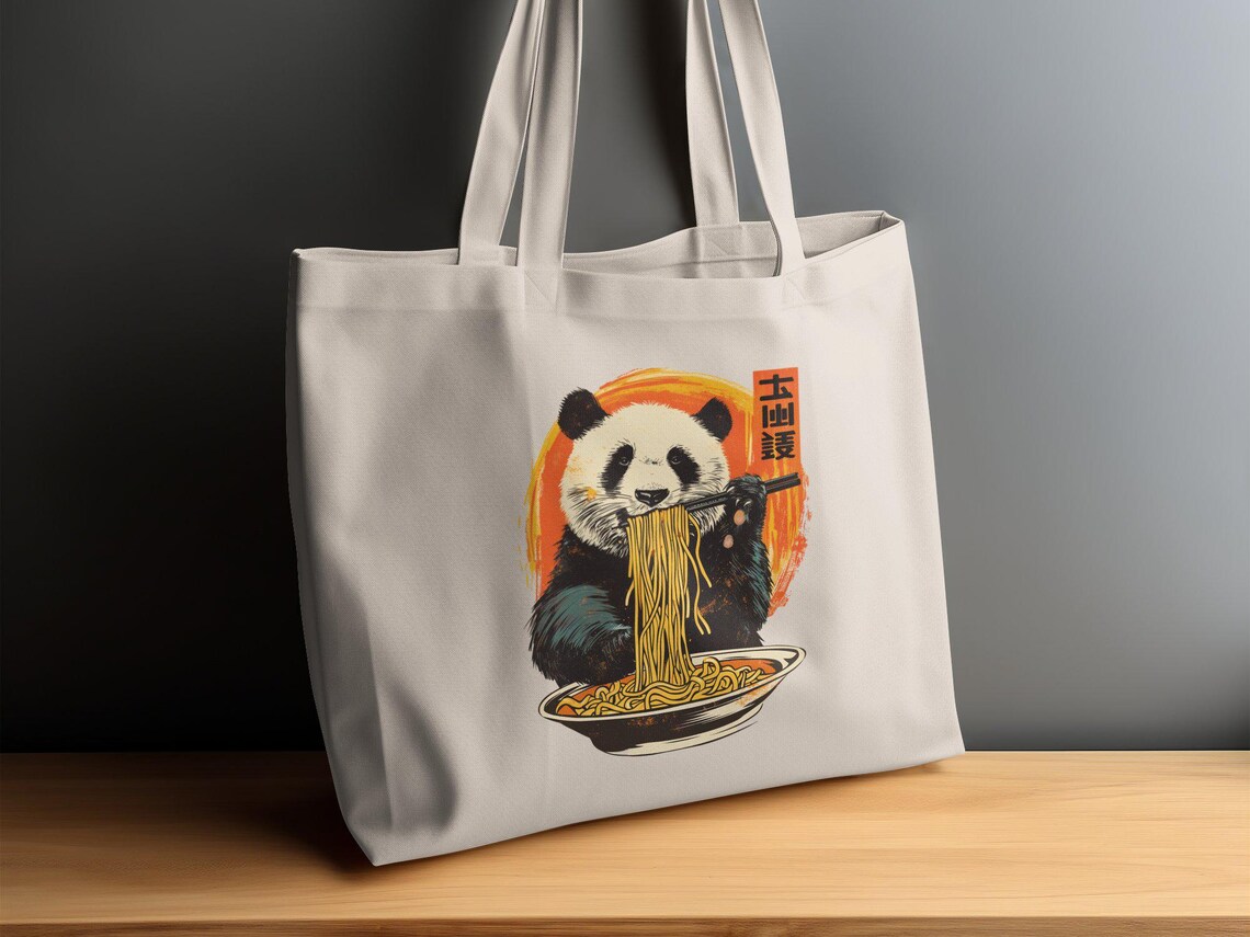 Cute Panda Eating Noodles Retro Japanese Design Shown On Tote Bag Print - Image 3