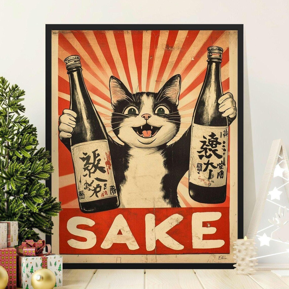 Vintage Japanese Cat Sake Poster, Retro Kitchen Decor