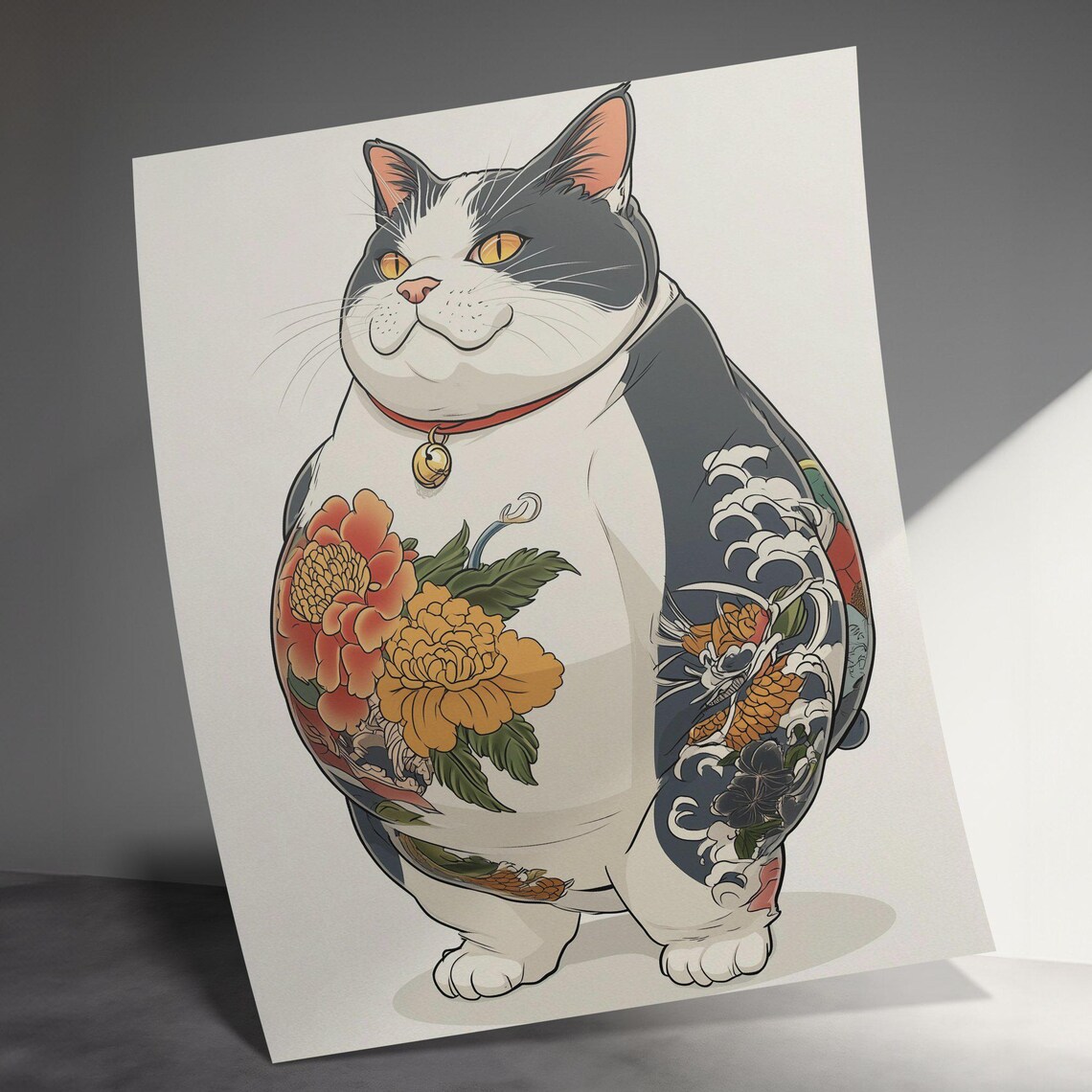 Chubby Cat With Japanese Tattoo Peonies Waves Floral Ink Art Poster - Image 3