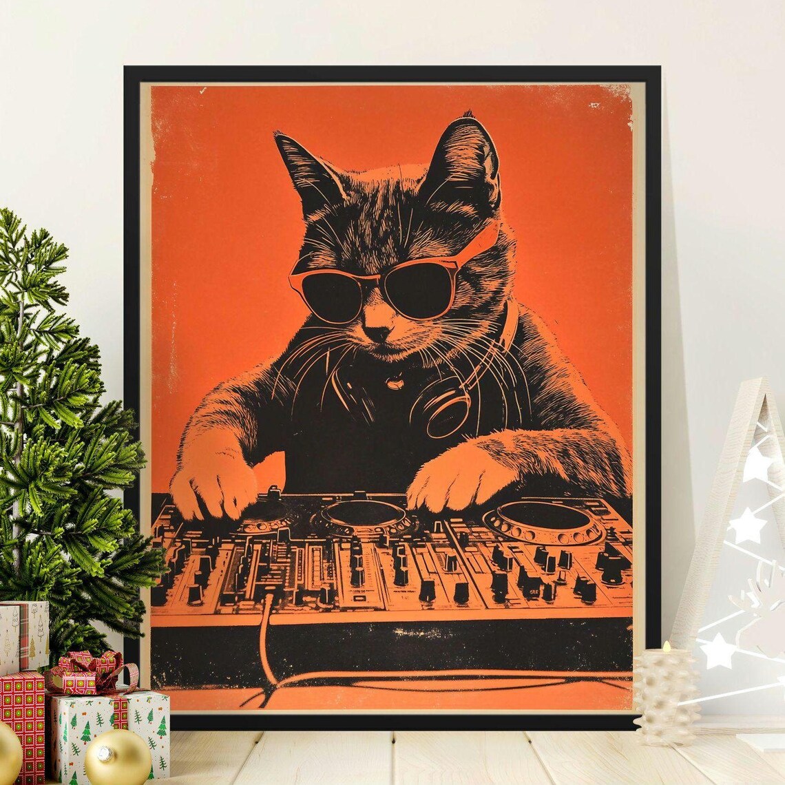 Cool Cat DJ With Sunglasses And Headphones Retro Orange Music Art Poster