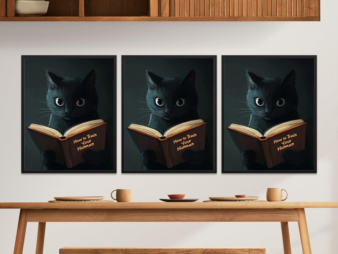 Black Cat Reading How To Train Your Human Book Quirky Cat Poster - Image 2
