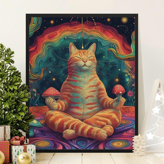 Meditating Orange Cat With Mushrooms Psychedelic Rainbow Art Poster