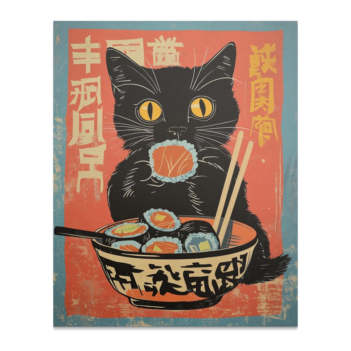 Black Cat Eating Sushi Chopsticks Vintage Japanese Food Poster - Image 2