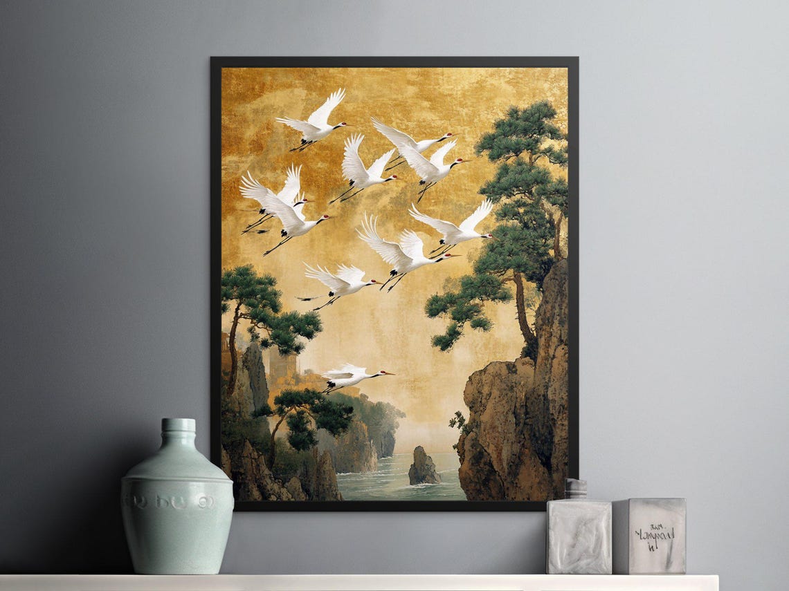 White Cranes In Flight Golden Sky Pine Cliffs Japanese Art Poster - Image 2