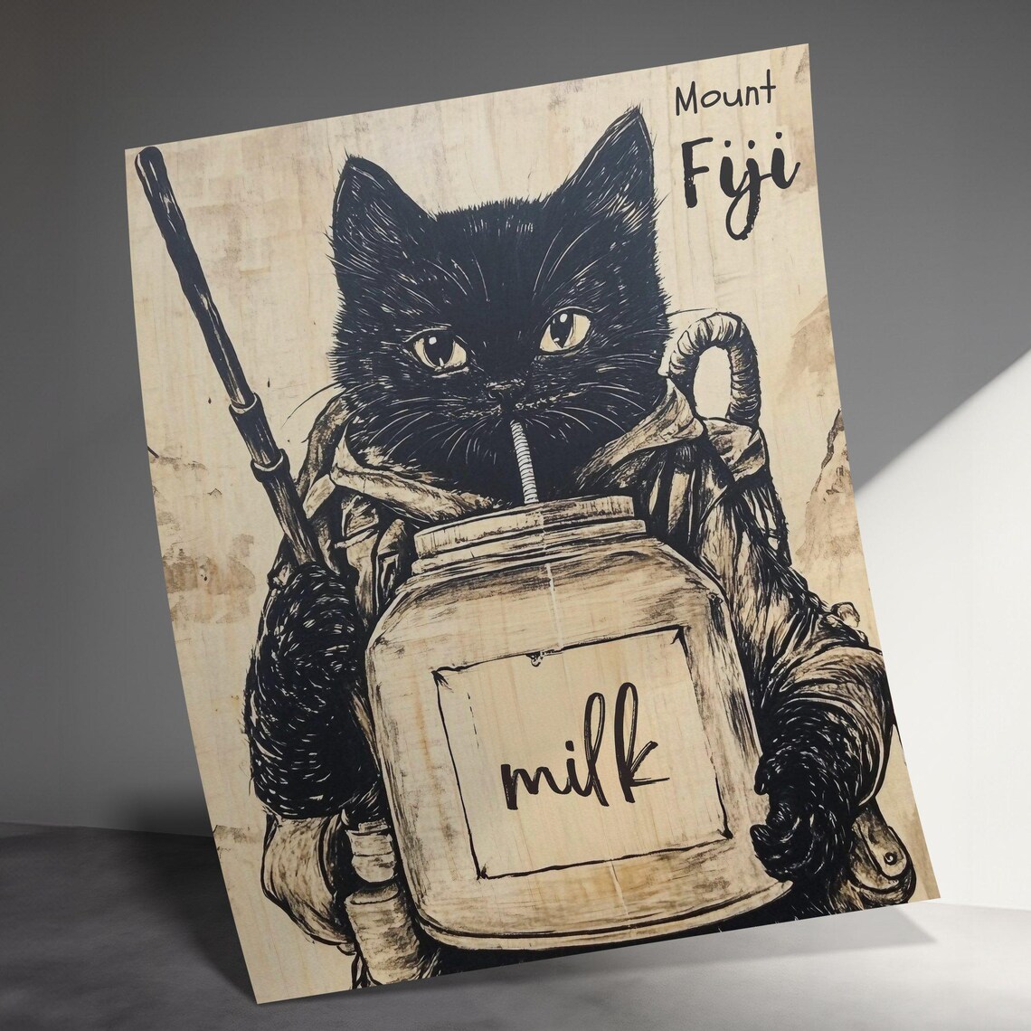 Black Cat Hiker Drinking Milk Mount Fiji Japanese Style Wall Art Poster - Image 3