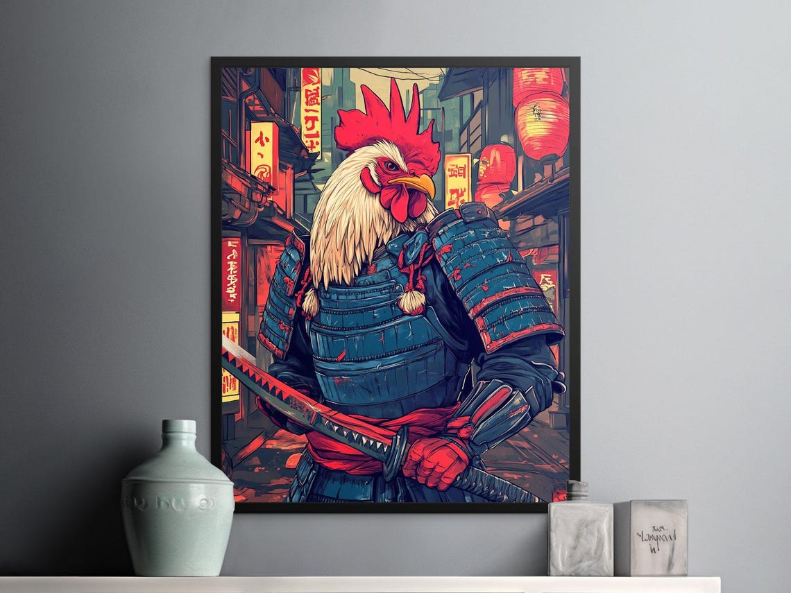 Fierce Samurai Rooster In Armor Neon Japanese Street Art Poster - Image 2