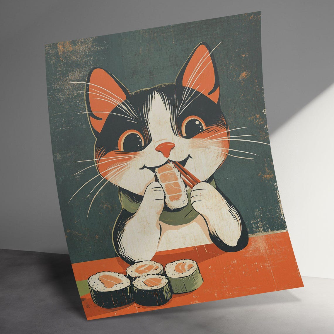 Cute Cartoon Cat Eating Salmon Sushi Retro Japanese Kitchen Poster - Image 3