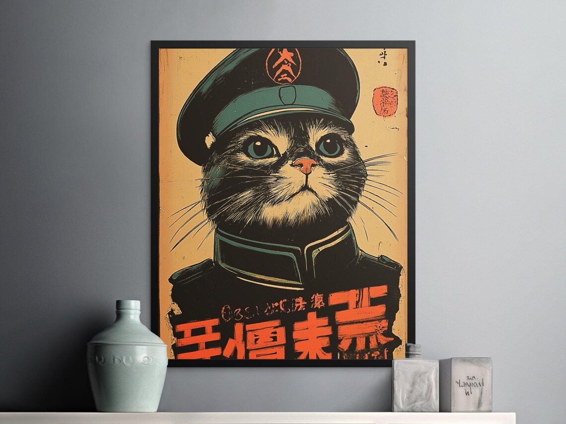Tabby Cat In Military Cap Vintage Propaganda Style Funny Poster - Image 2