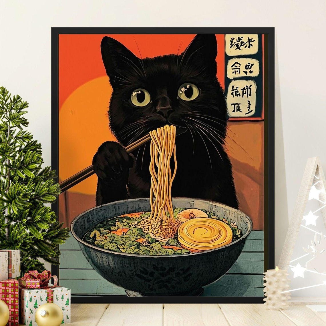 Black Cat Eating Ramen Japanese Style Whimsical Noodle Kitchen Print