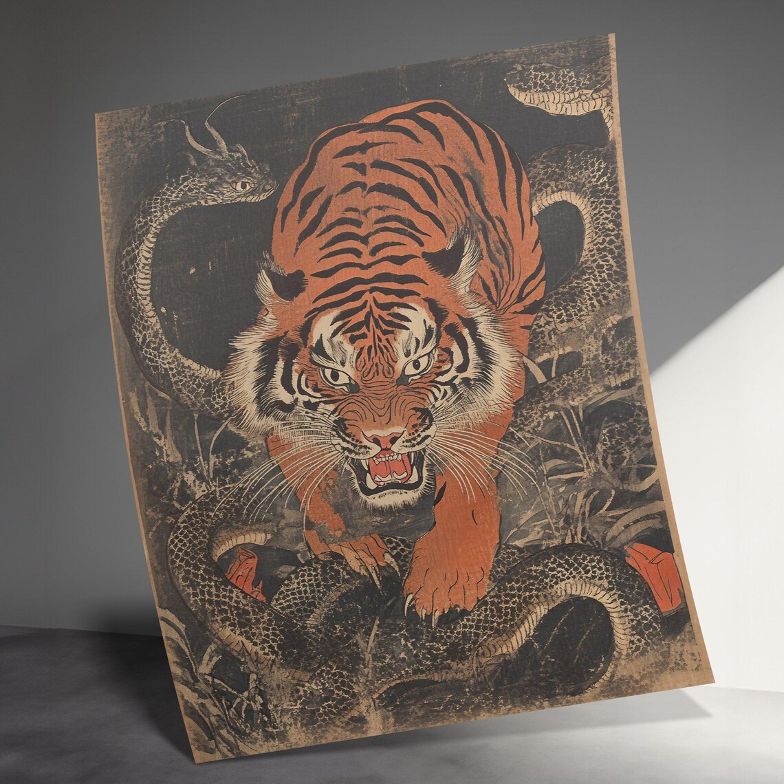 Tiger Fighting Snake Epic Battle Vintage Japanese Woodblock Art Poster - Image 3