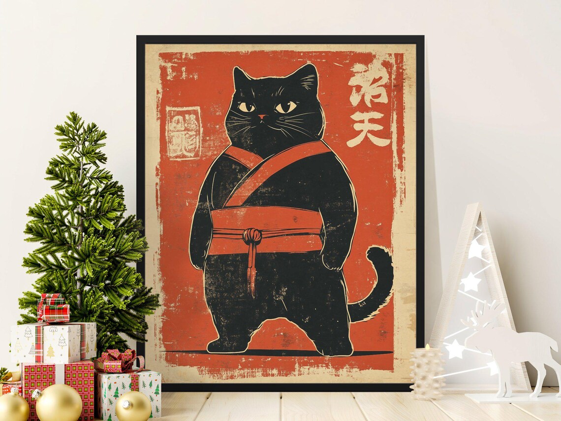 Black Cat Martial Arts Stance Red Belt Vintage Japanese Dojo Poster