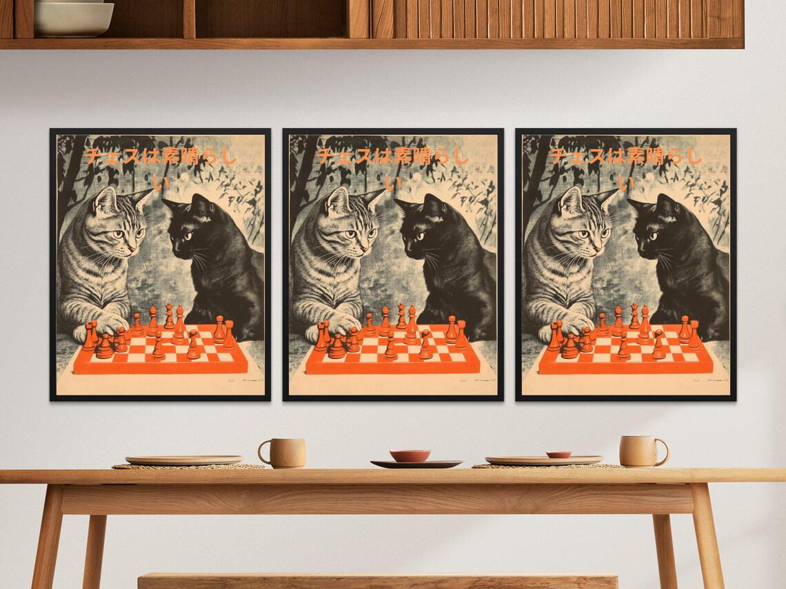 Tabby And Black Cats Chess Game Sepia Retro Japanese Cat Lovers Art Poster - Image 2