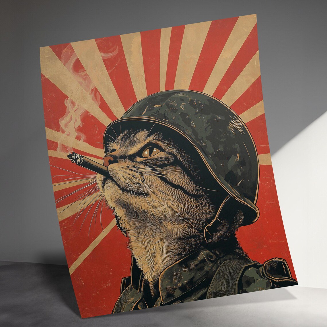 Military Helmet Cat Smoking Cigar Red Rising Sun Retro Soldier Art Poster - Image 3