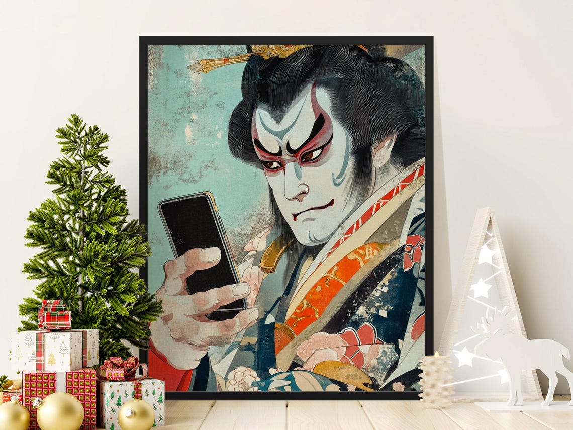 Kabuki Actor With Smartphone Japanese Ukiyo E Style Wall Art Poster