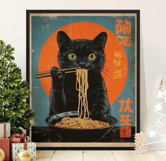 Black Cat Slurping Ramen With Chopsticks Orange Sun Vintage Kitchen Poster
