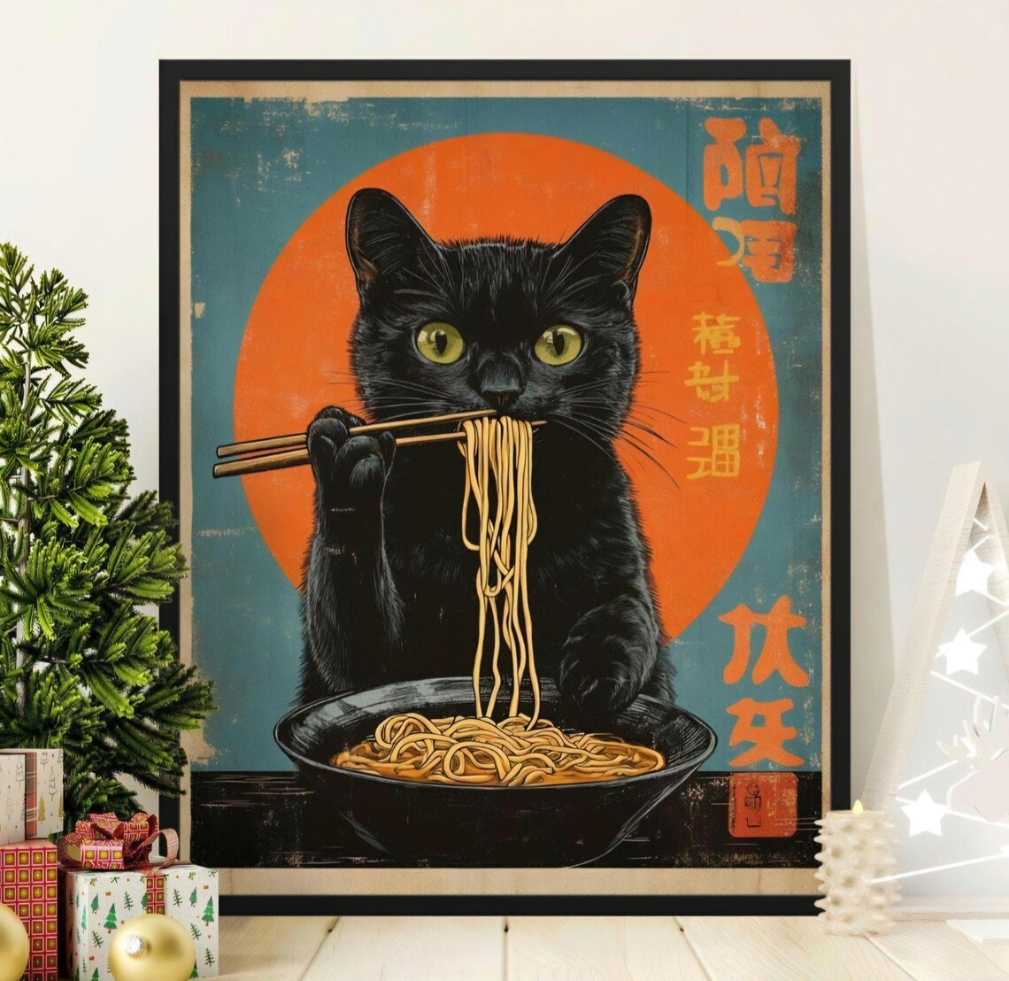 Black Cat Slurping Ramen With Chopsticks Orange Sun Vintage Kitchen Poster