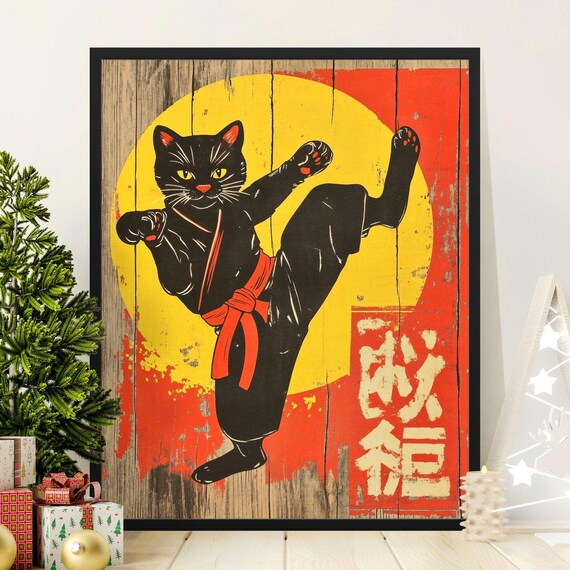 Vintage Karate Cat Martial Arts Kick Retro Japanese Style Art Poster